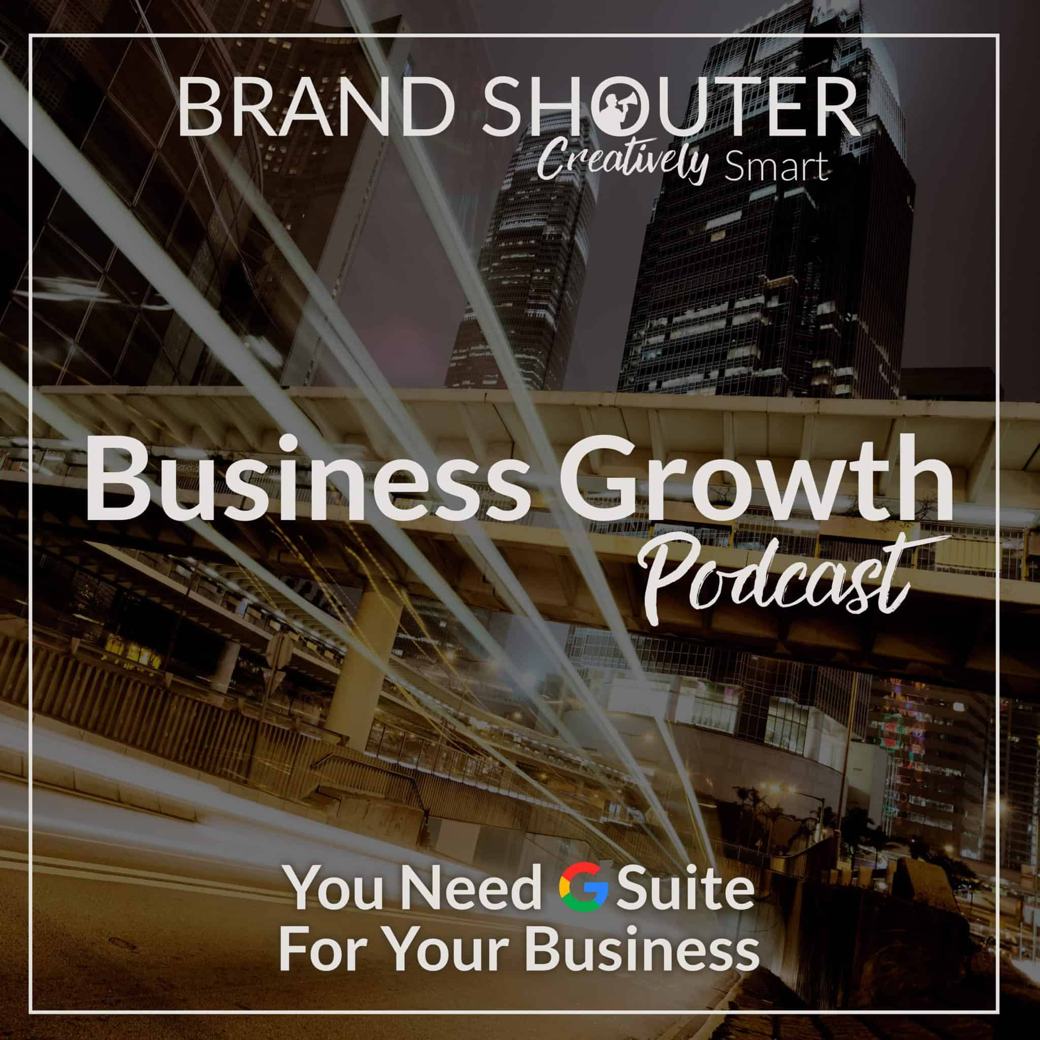 Business growth podcast logo on urban cityscape background with skyscrapers and modern infrastructure, emphasizing SEO, branding, and digital marketing.
