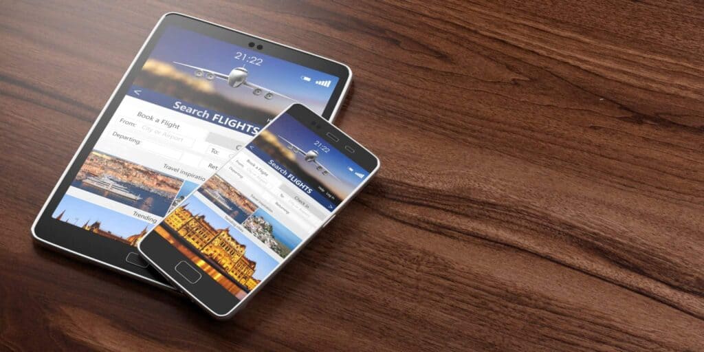 smartphone and tablet on wooden backgound search 37SB2XD