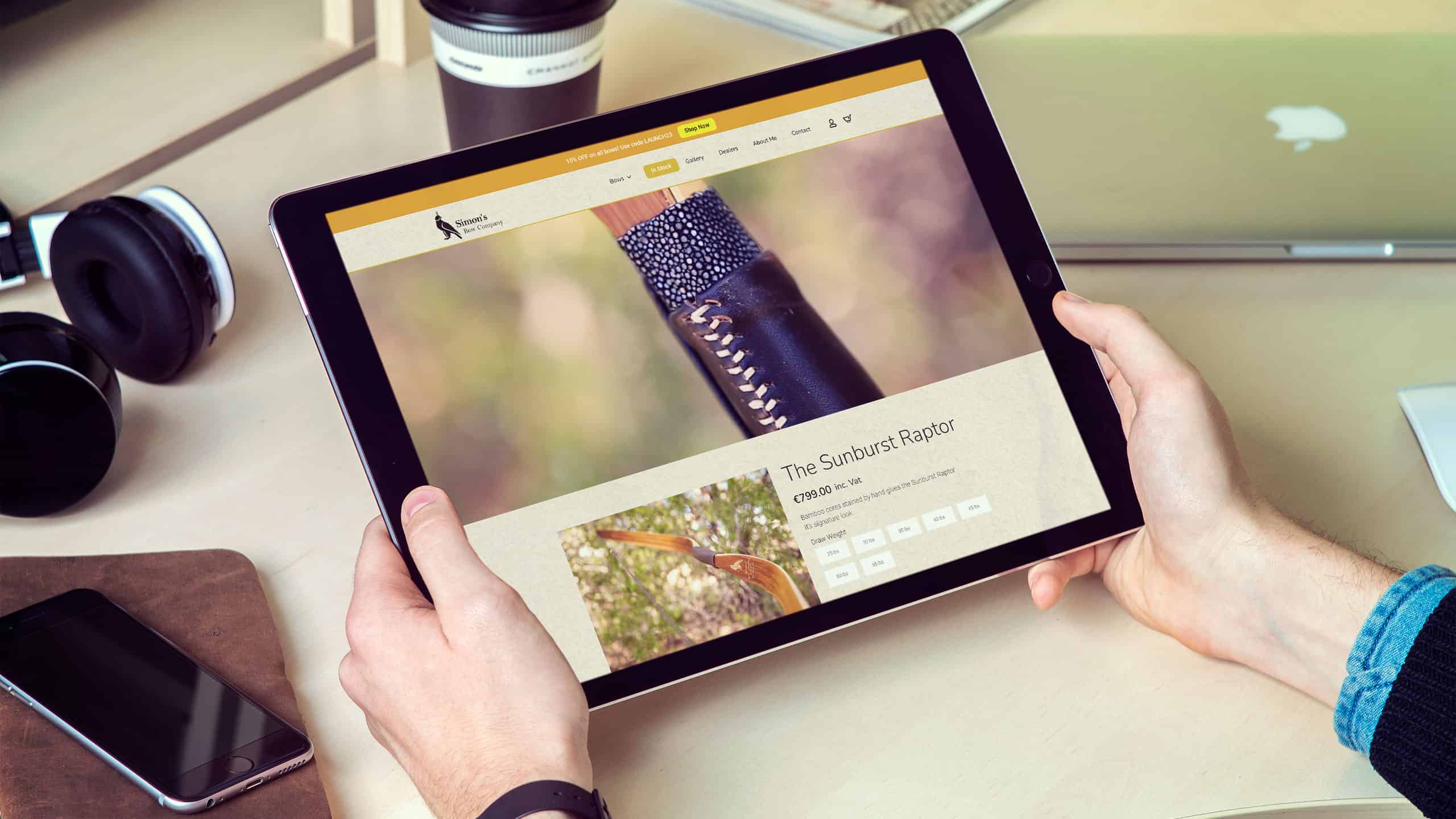 Simon's Bow Company online store shown on an iPad