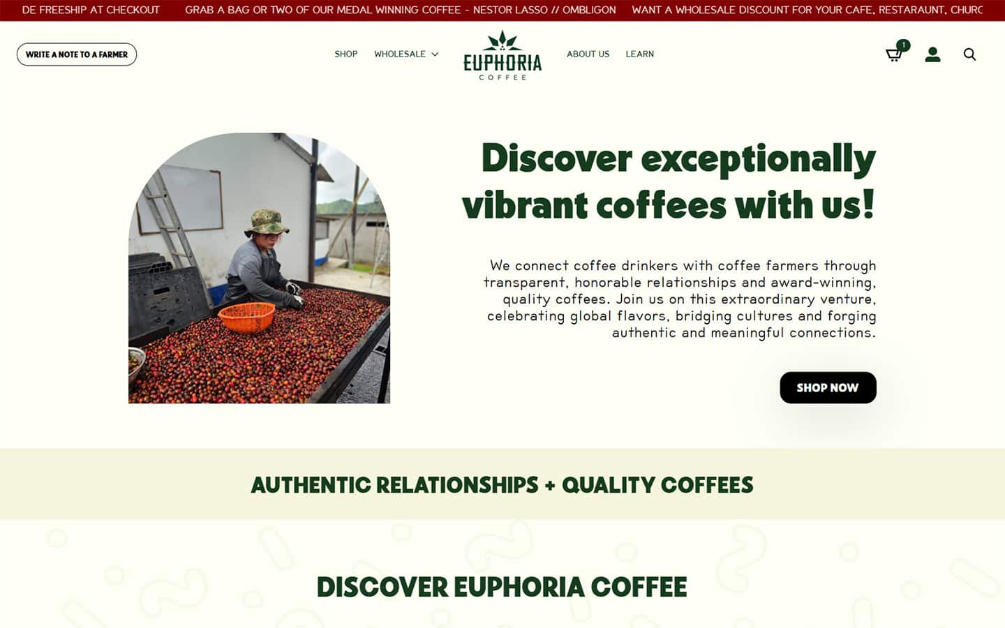 Euphoria Coffee online store homepage