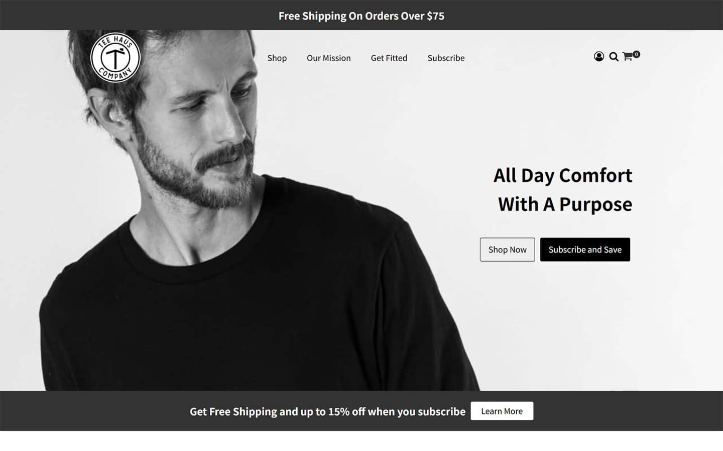Contemporary men's clothing website featuring stylish casual apparel and accessories for all-day comfort and purpose, with options for shopping and subscribing for discounts.