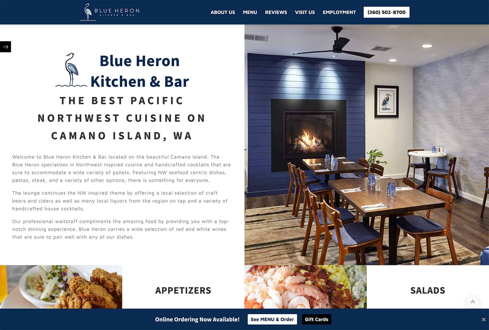 Blue Heron restaurant website on Camano Island