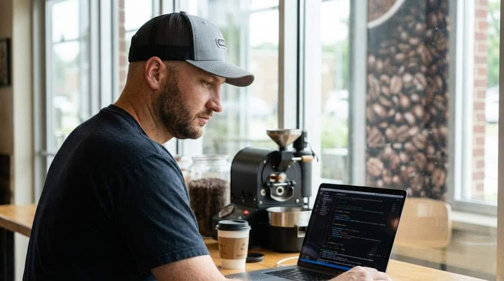 A man working on a laptop with coding and coffee in a modern cafe, representing digital marketing and web development services by Wapiti Digital.