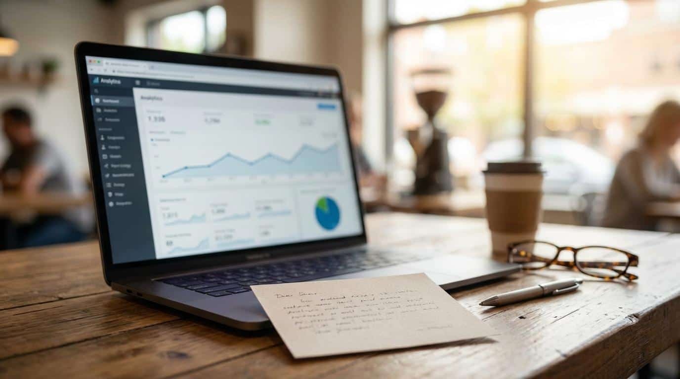 Laptop displaying analytics dashboard with graphs and data, on a wooden table in a modern cafe setting, highlighting digital marketing and website performance analysis.