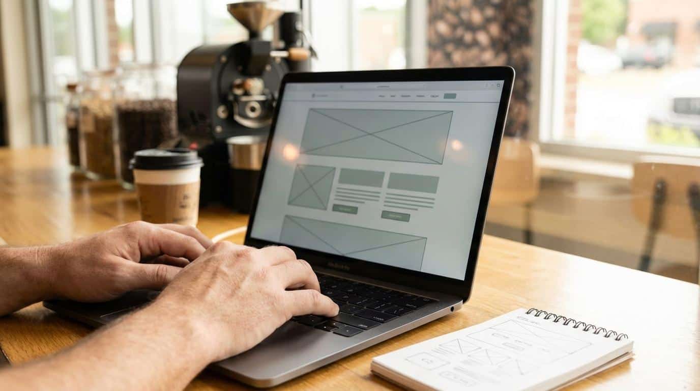 Person working on a laptop with website wireframes, illustrating custom website design process in a cozy coffee shop setting.