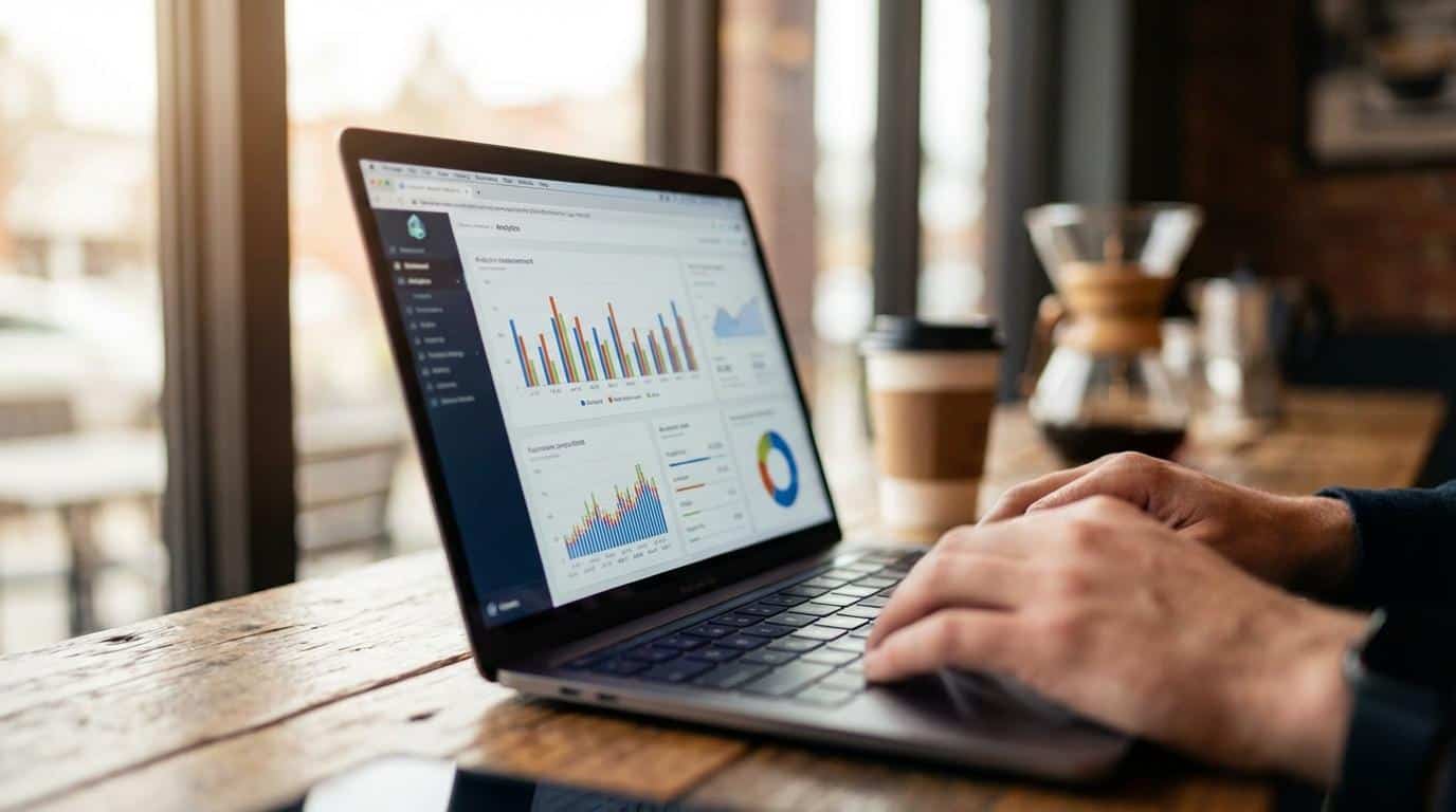 Business professional analyzing website analytics on a laptop for digital marketing strategy and website performance optimization.