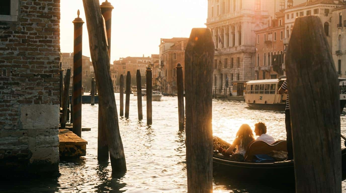 A romantic scene of a couple relaxing in a gondola on a Venetian canal during sunset, with historic buildings and wooden posts lining the waterway.