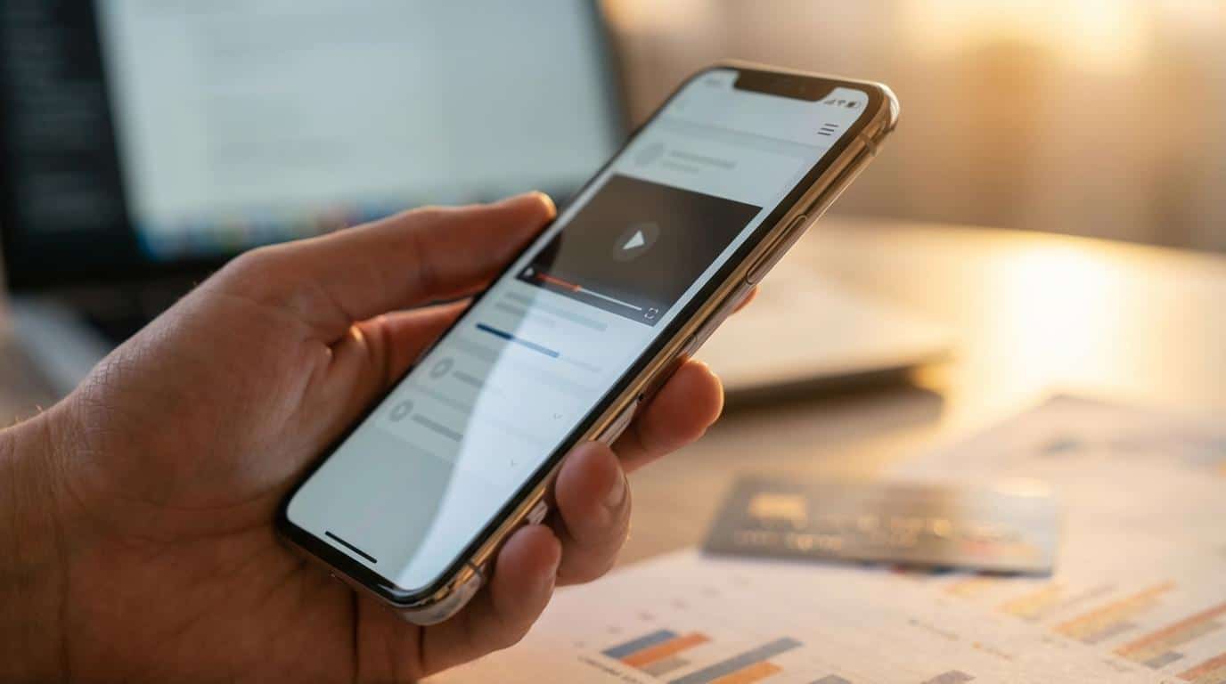 Person using a smartphone to access a learning management system for online course creation and management.