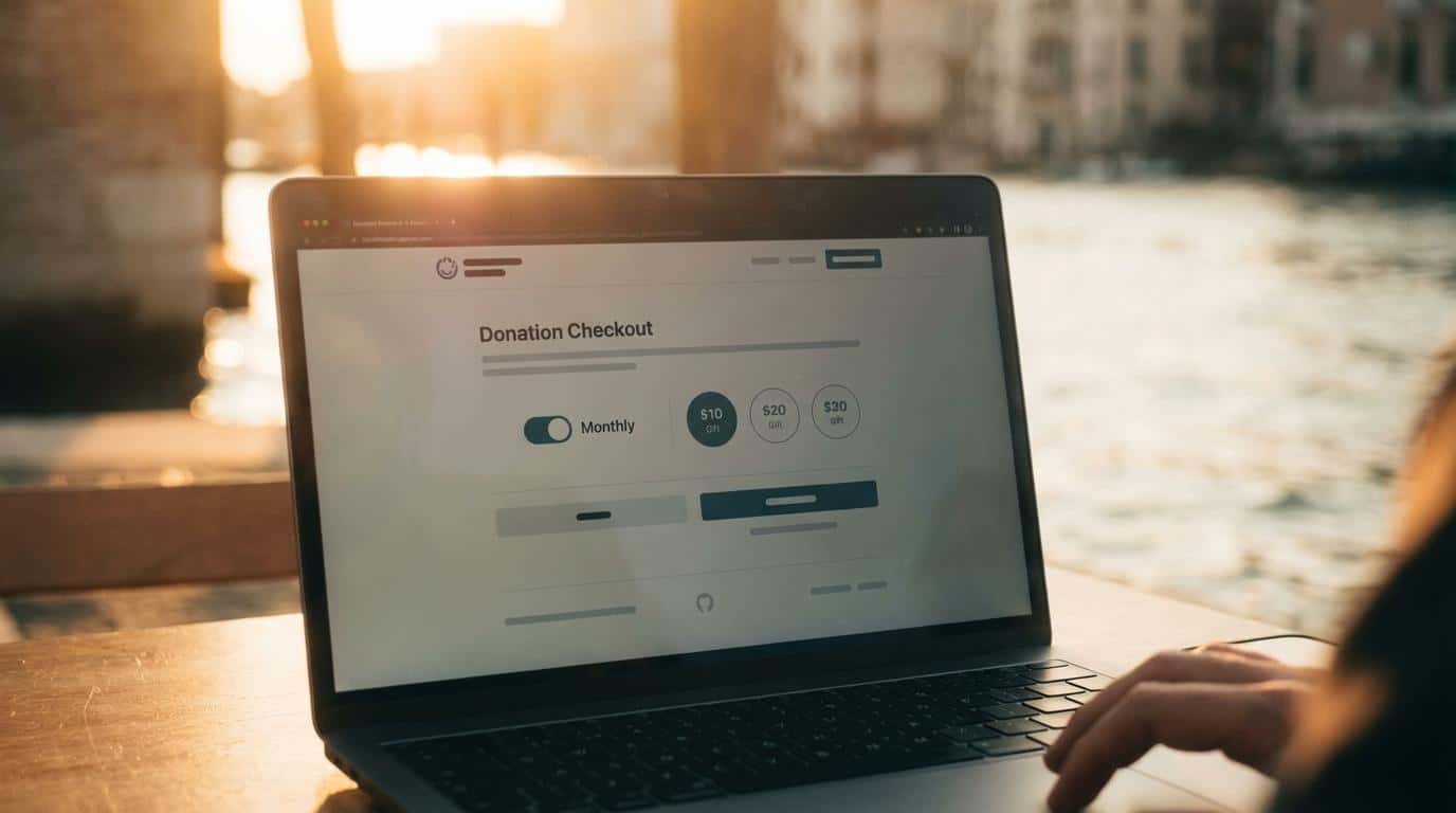 Digital donation checkout page on a laptop screen, showcasing recurring and one-time giving options for nonprofit fundraising campaigns.