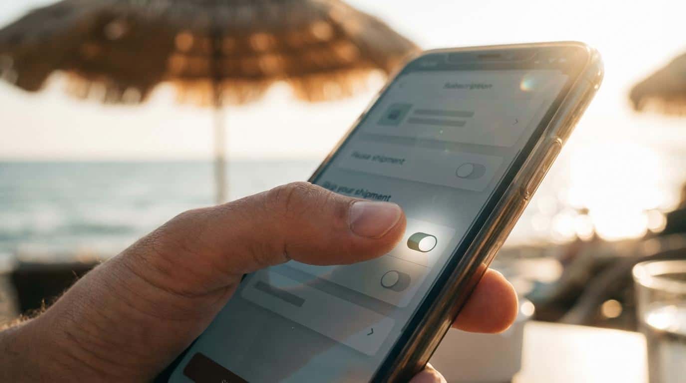 Close-up of a person managing subscription settings on a smartphone at a beachside location, illustrating digital subscription management and UX design for profitable subscription programs.