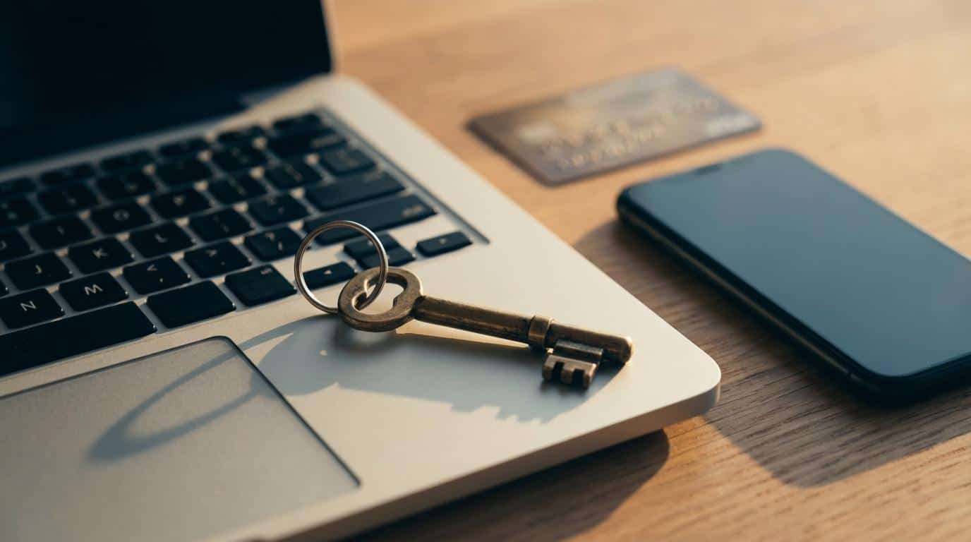 Key on laptop keyboard representing access and ownership of LMS on WordPress versus hosted platforms.