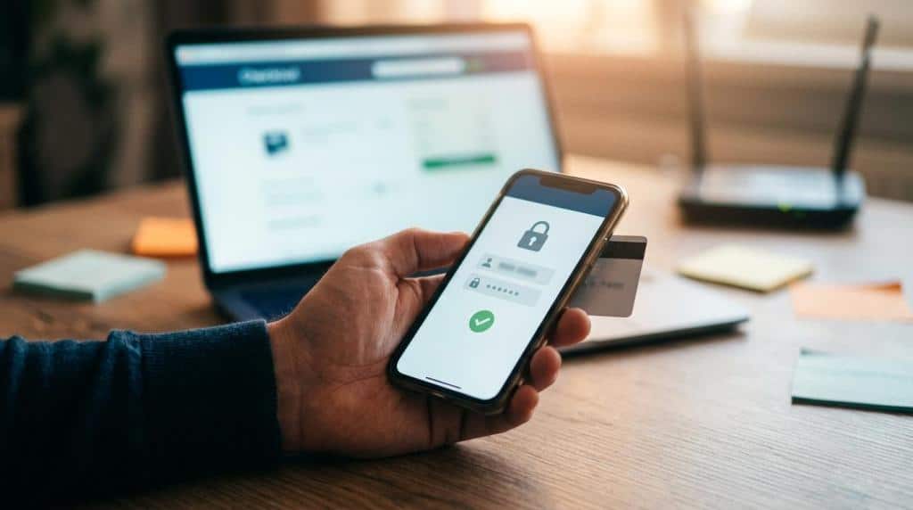 Mobile device displaying a secure payment app with a lock icon, emphasizing online store security, PCI compliance, and fraud prevention measures.