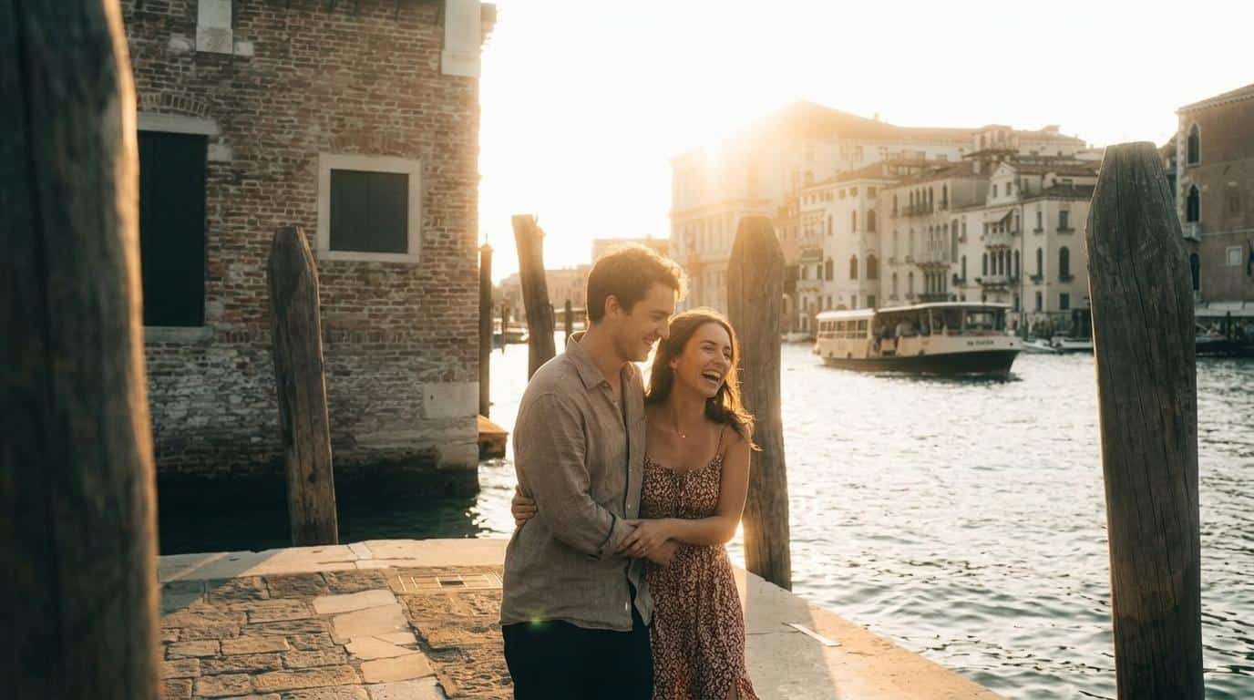 Romantic couple enjoying a sunset walk along Venice canals, with historic buildings and a boat in the background, highlighting travel and romantic experiences in Venice.