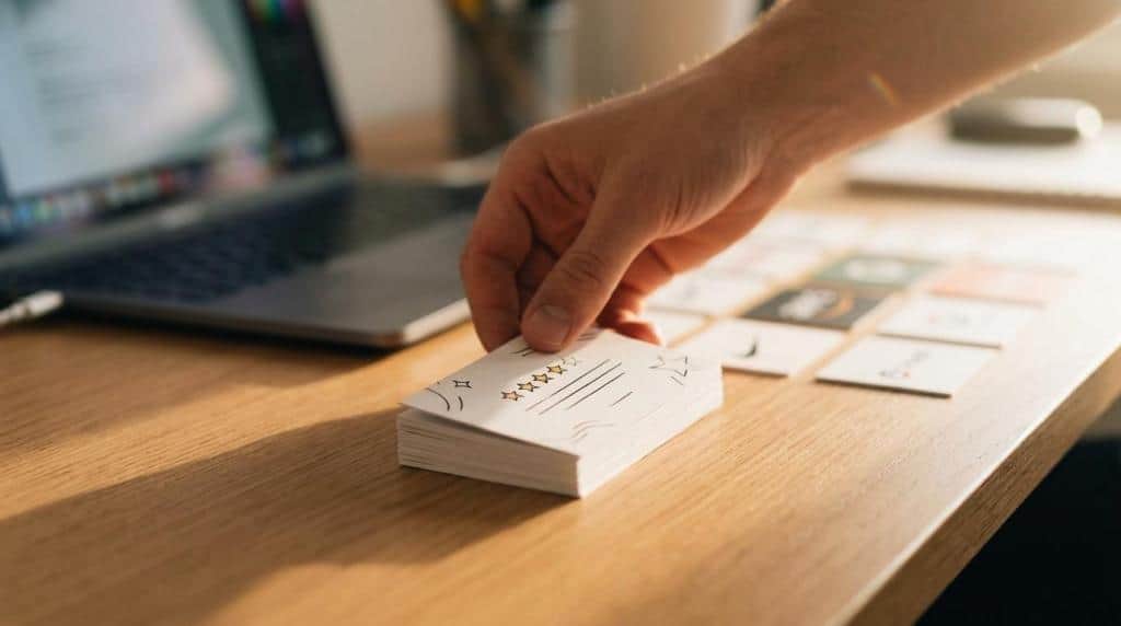 Close-up of a person organizing business cards on a wooden desk, showcasing professional branding and marketing materials for corporate identity.