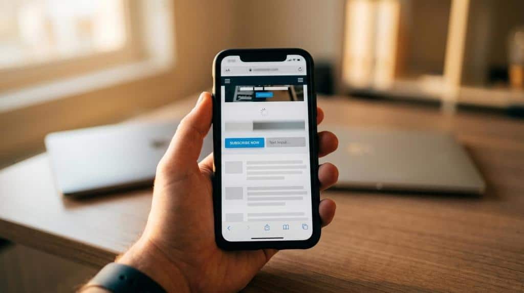 Person holding a smartphone displaying a website, showcasing mobile-friendly digital marketing solutions by Wapiti Digital.