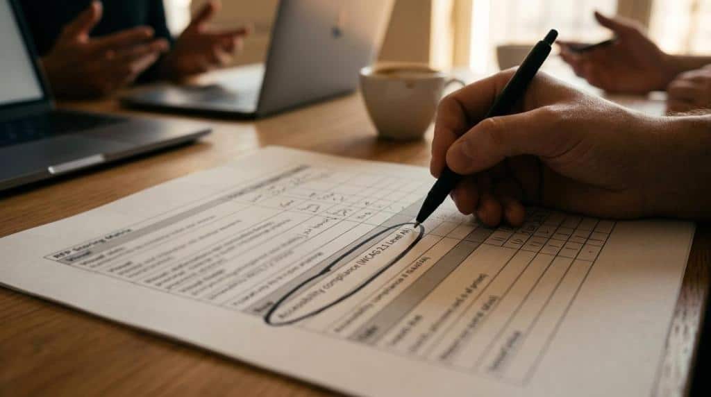 Business document review and signing process at a meeting.