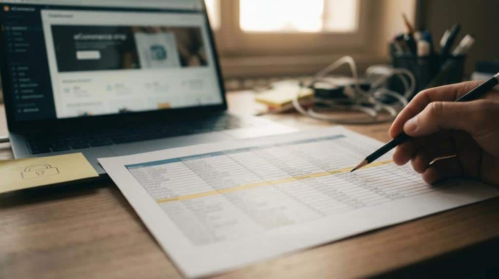 Business professional analyzing data spreadsheets on a desk with a laptop, planning a safe WordPress and WooCommerce migration for e-commerce site replatforming.