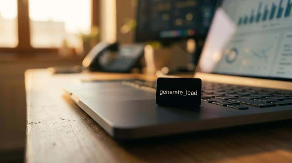 Close-up of a black generate lead button on a laptop keyboard, with analytics charts on the screen in the background, representing lead generation tracking.