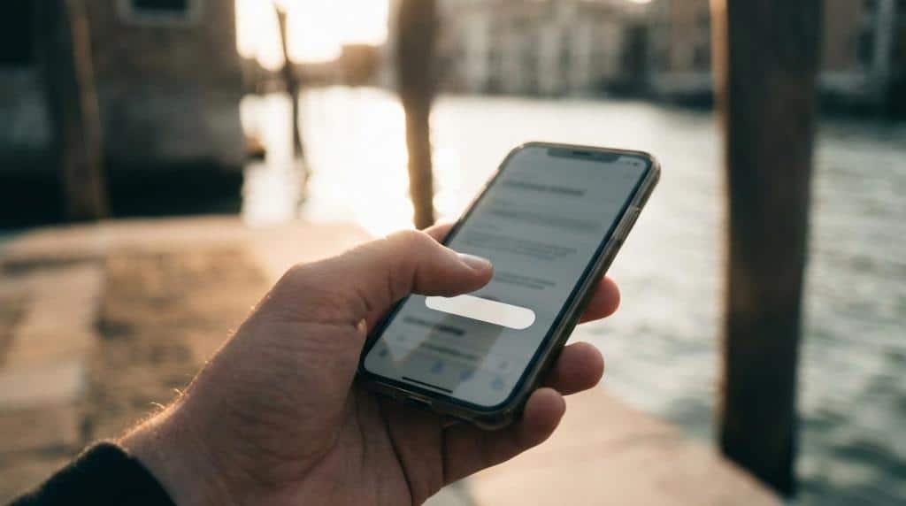 Close-up of a person holding a smartphone near a waterfront during sunset, emphasizing mobile technology and outdoor connectivity.