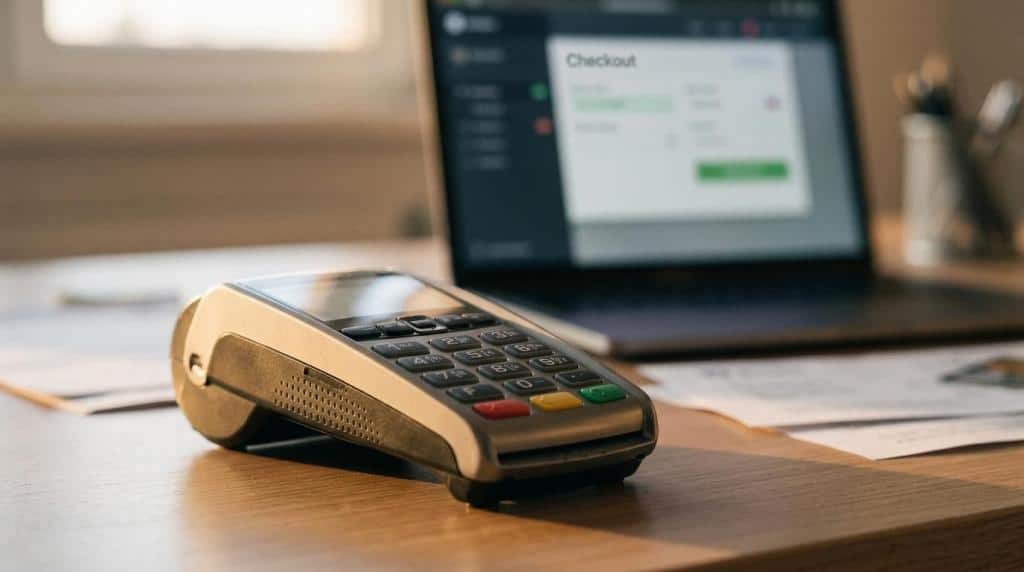 Modern payment terminal on a wooden desk with a laptop in the background, representing digital payment solutions and e-commerce technology.