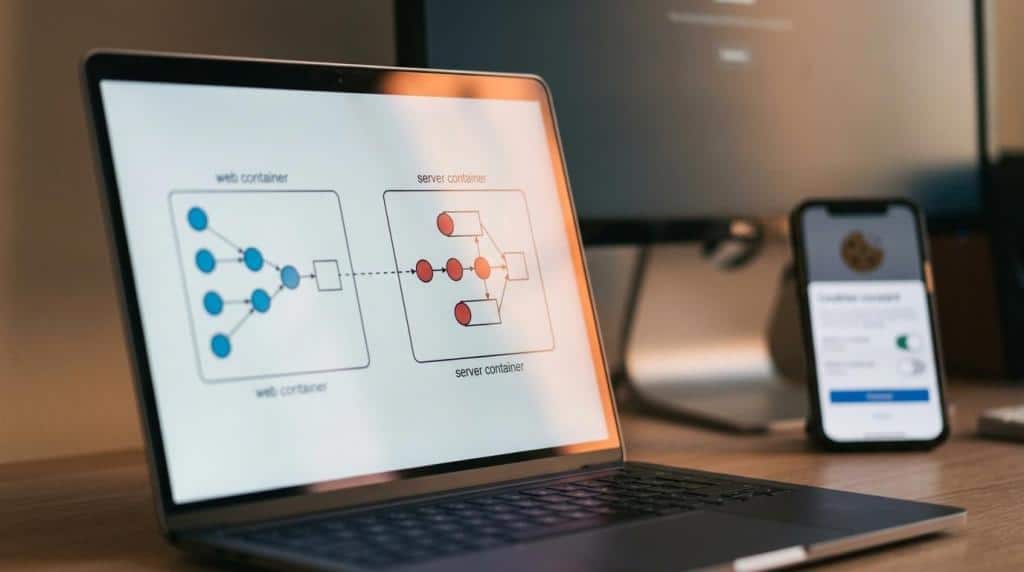Modern laptop displaying web and server architecture diagrams, highlighting web and server containers, with a smartphone in the background, representing digital solutions.