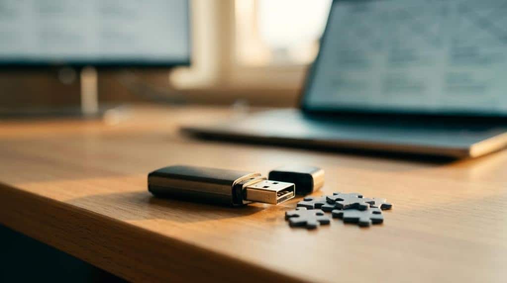 Modern workspace with a laptop, USB flash drive, and puzzle pieces on a wooden desk, representing digital solutions and tech innovation.