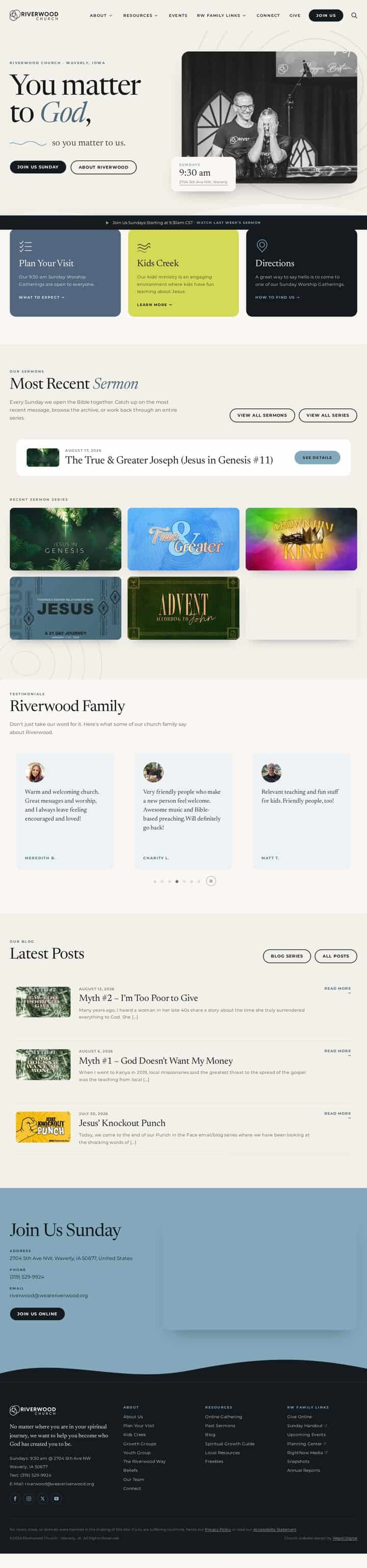 Custom Web Development Elevates Riverwood Church in Waverly, IA 1 Full-page view of the relaunched Riverwood Church homepage, showing service times, sermons, and ministries.