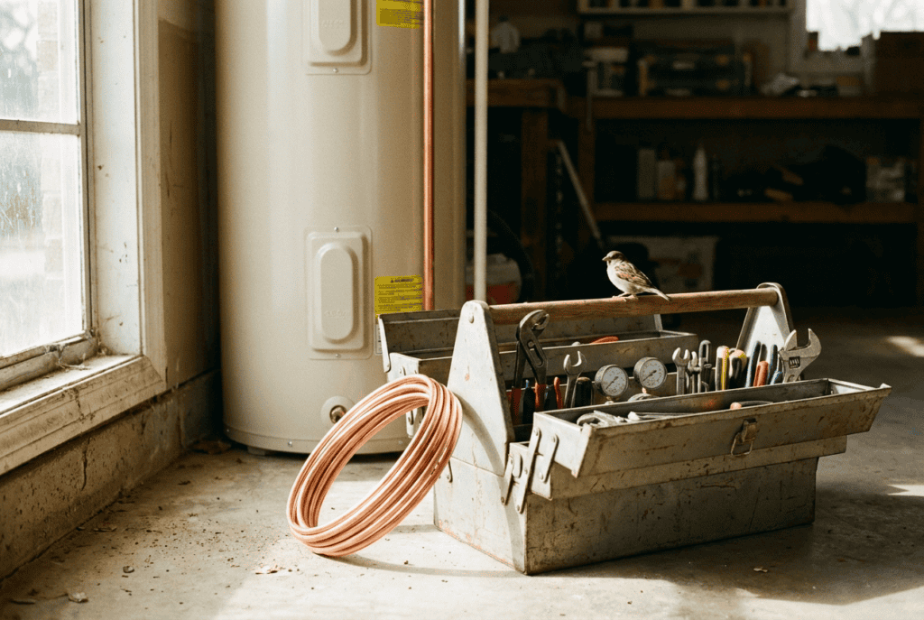 Google Business Profile Optimization That Actually Works 1 An open metal toolbox on a garage floor beside a newly installed water heater, with a coil of copper tubing and a sparrow perched on the toolbox handle