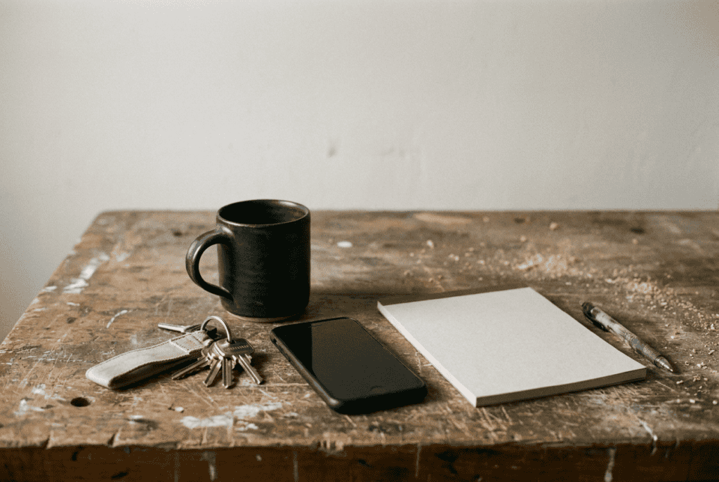 Google Business Profile Optimization That Actually Works 2 A scratched wooden workshop desk holding a dark coffee mug, a set of van keys, a face-down phone and a blank notepad in soft window light