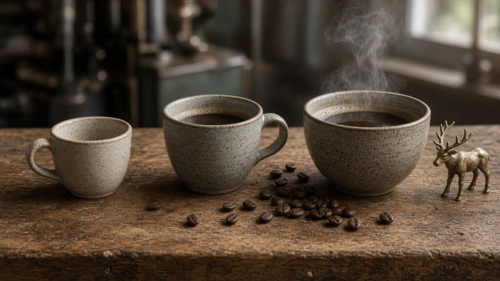 What Your Web Design Retainer Should Actually Get You 1 Three ceramic coffee cups of increasing size on a wooden roastery counter, one empty, one half full, one full and steaming, with a small brass elk figurine beside them
