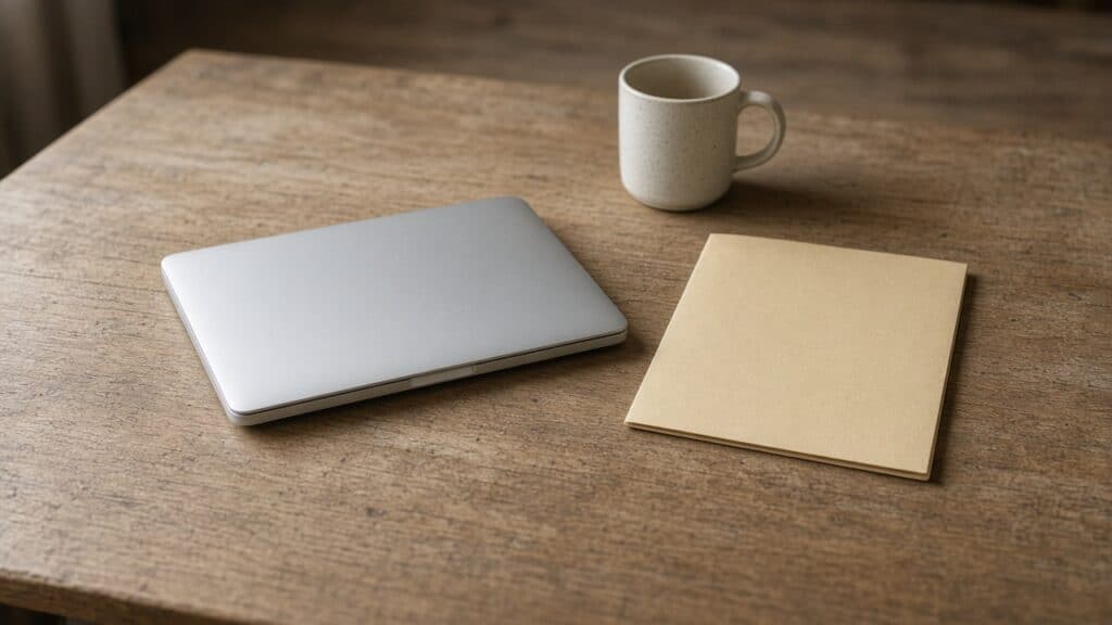 What Your Web Design Retainer Should Actually Get You 2 A closed laptop and a plain manila folder squared up on an otherwise empty wooden desk beside an empty coffee mug