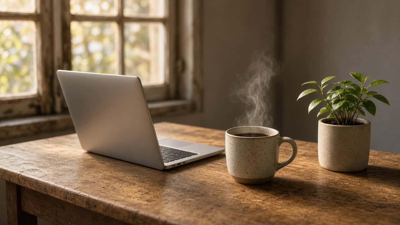 Cozy workspace with a laptop, steaming coffee mug, and a potted plant on a wooden desk near a window.