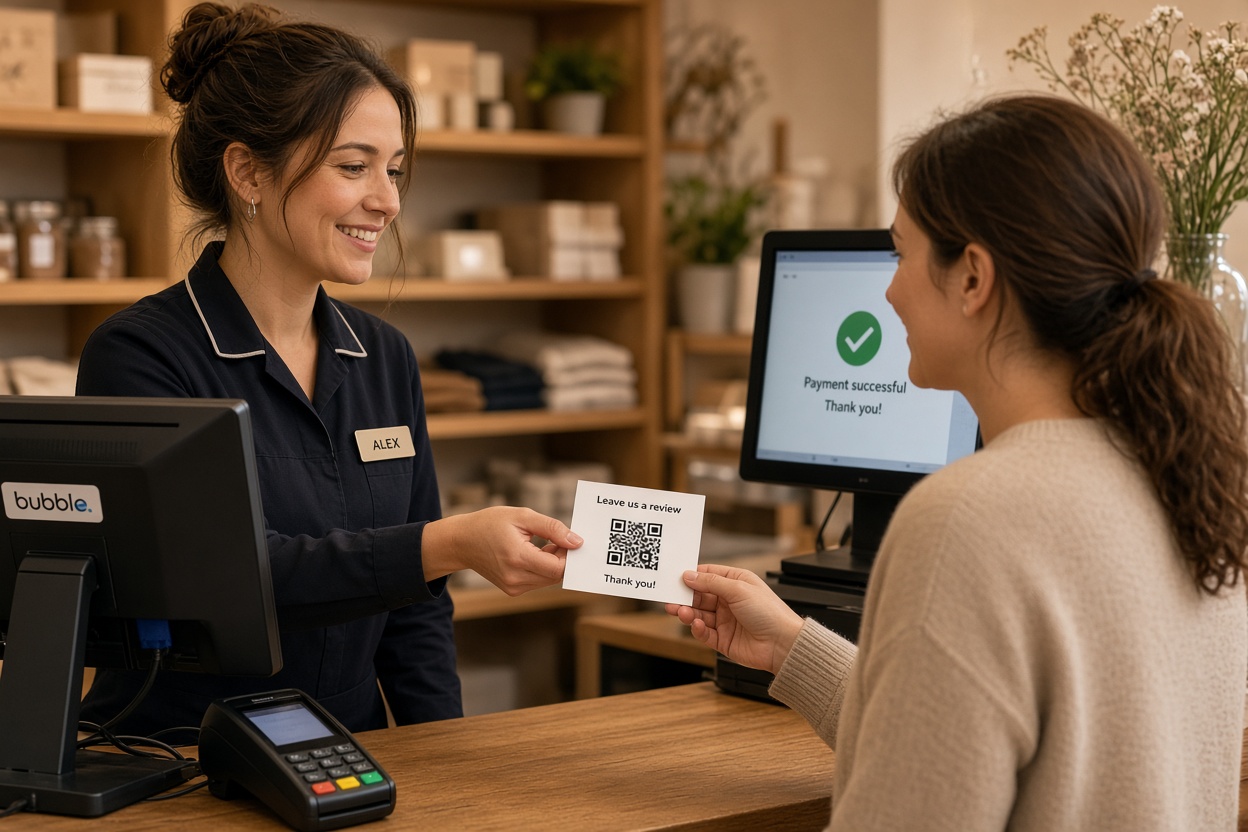 A shop employee handing a customer a card with a QR code asking them to leave a review