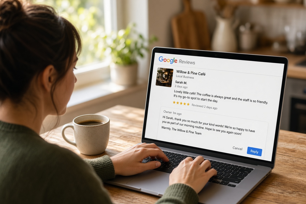 A business owner typing a calm reply to a customer review on a laptop at a kitchen table