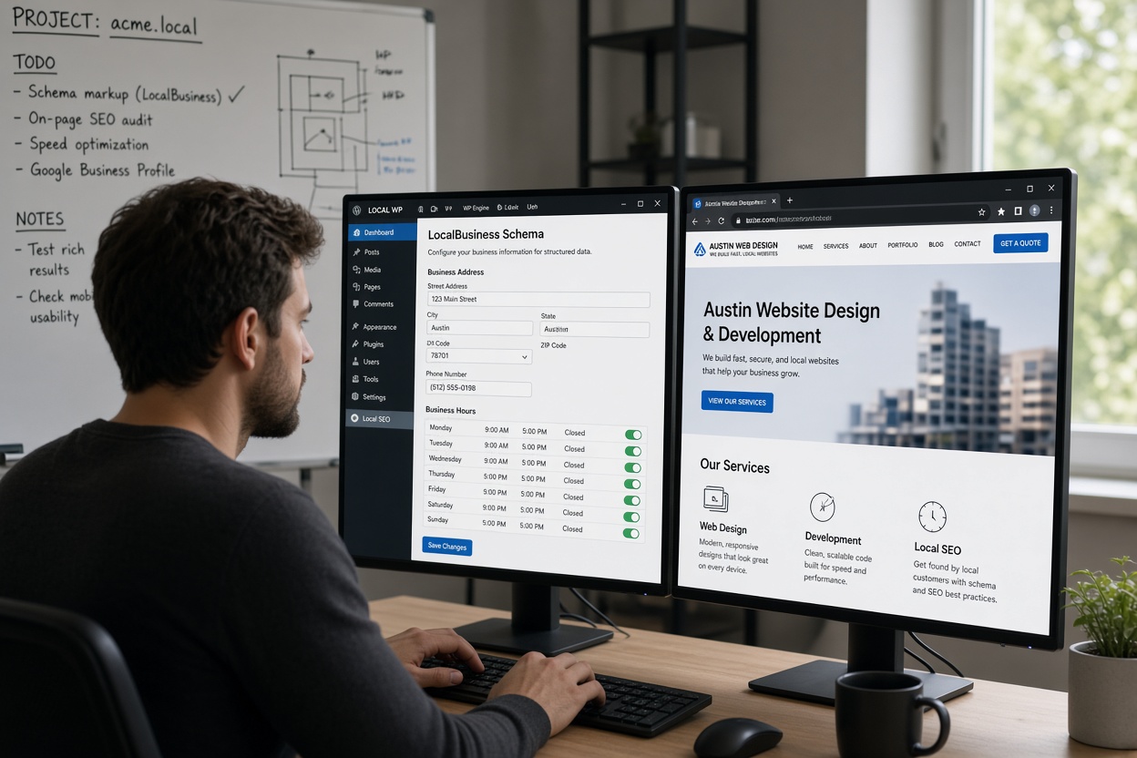A developer editing LocalBusiness schema settings in a WordPress dashboard