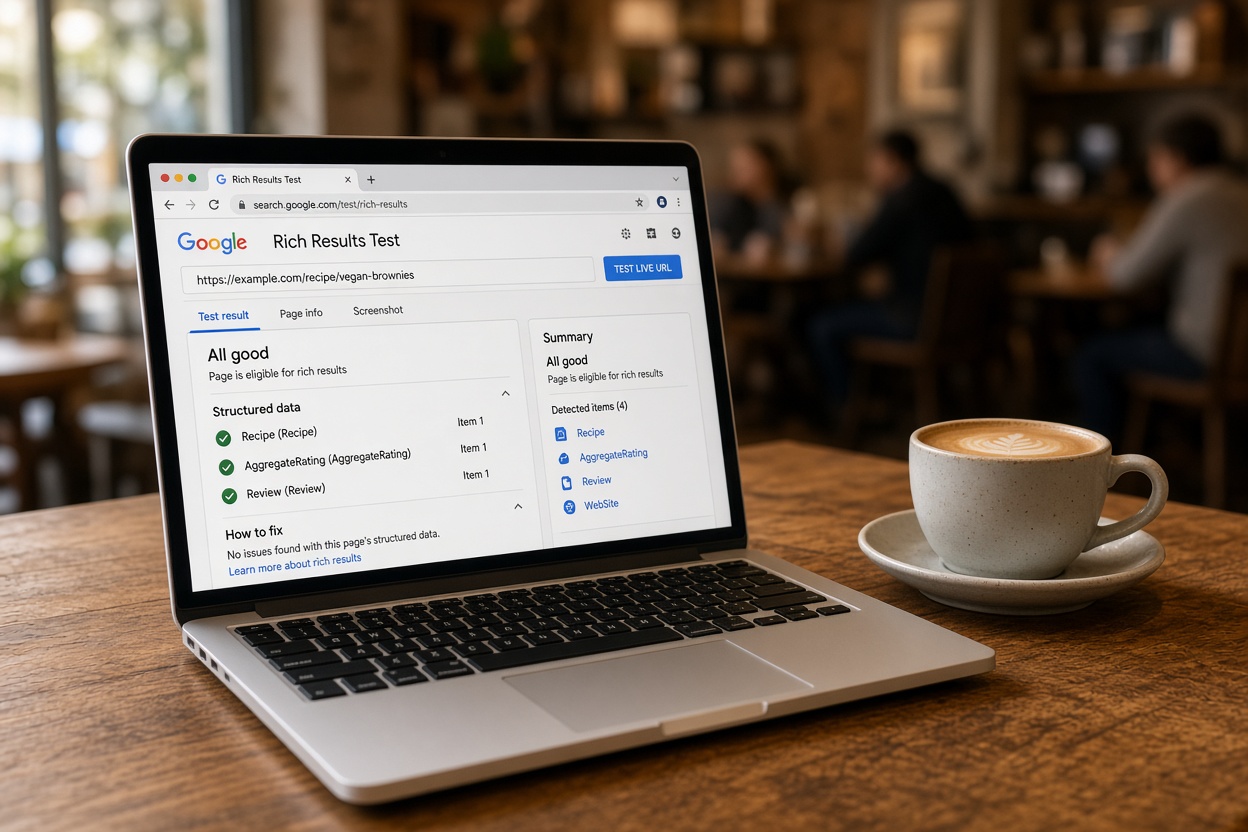 A laptop showing Google Rich Results Test with structured data validation results