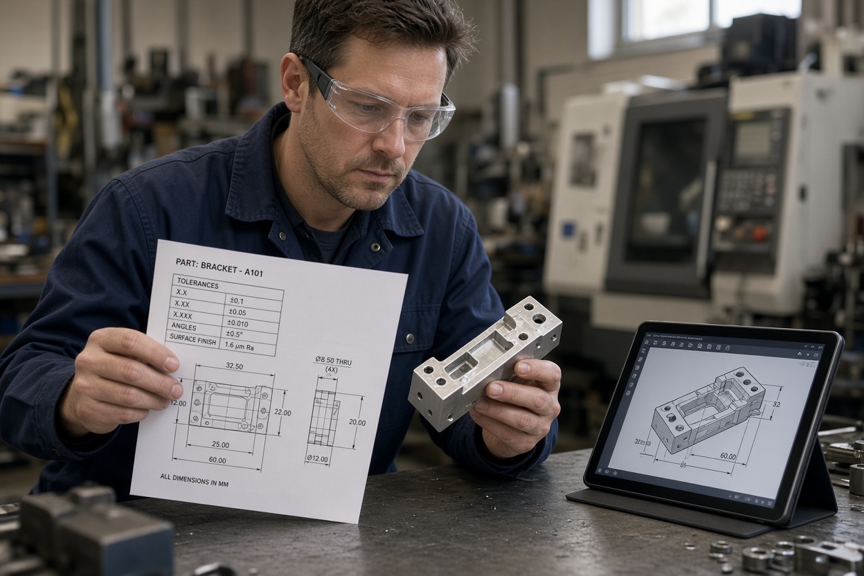 A machinist checking a printed spec sheet and tolerances against a machined bracket part next to a CAD drawing on a tablet