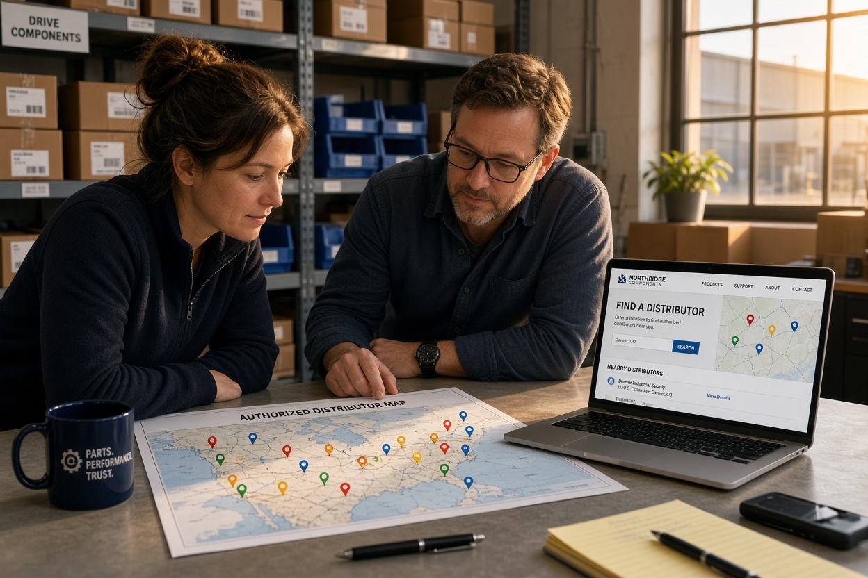 Two colleagues reviewing a printed authorized distributor map alongside a find-a-distributor locator page on a laptop in a warehouse office