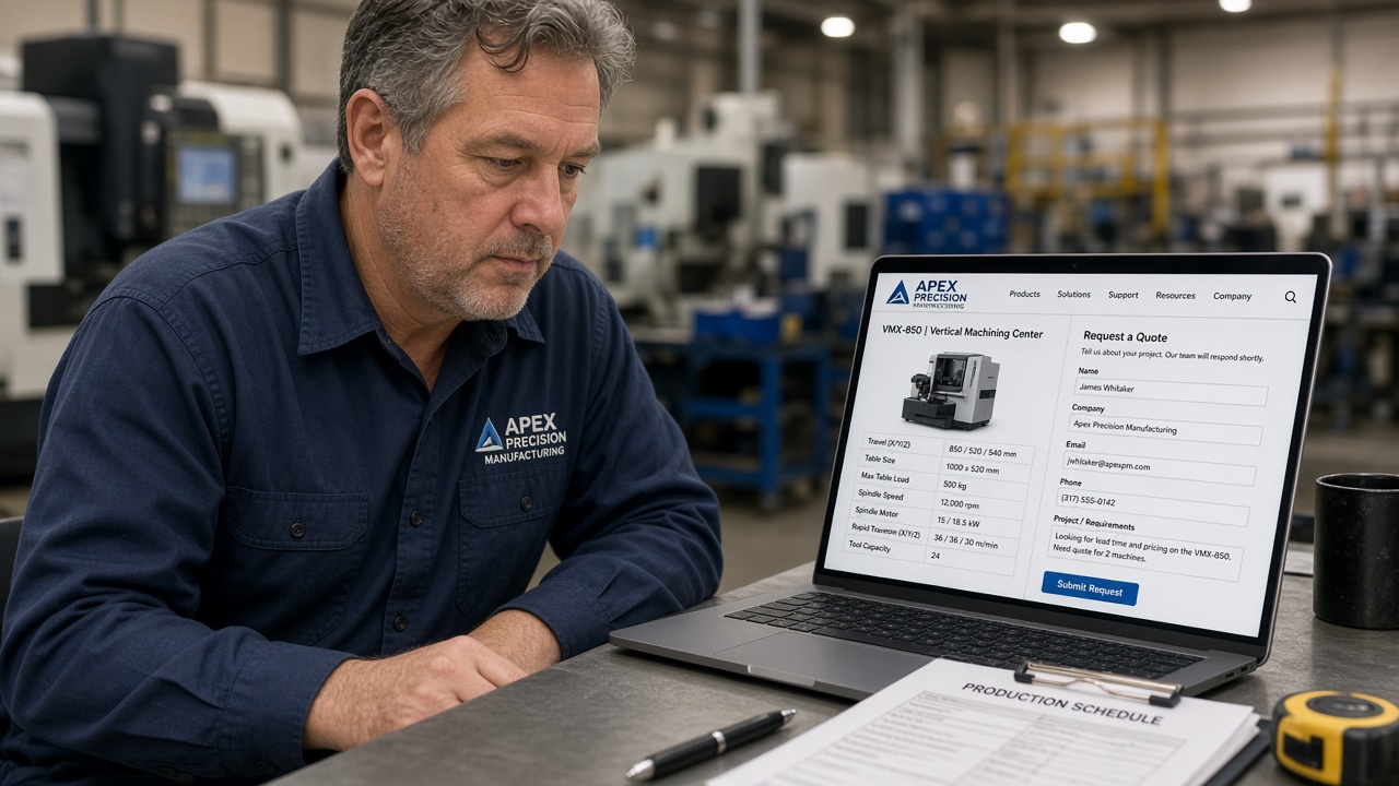 A plant manager reviewing a manufacturer website with a request-a-quote form and machine spec sheet on a laptop in a machine shop